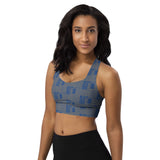 Women's "Dark_Cerulean" Gray Striped Longline Sports Bra