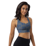 Women's "Dark_Cerulean" Gray Striped Longline Sports Bra